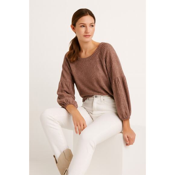 Status by Chenault Women’s Medium Ribbed Balloon Sleeve Top Brown Stretch - Picture 1 of 13